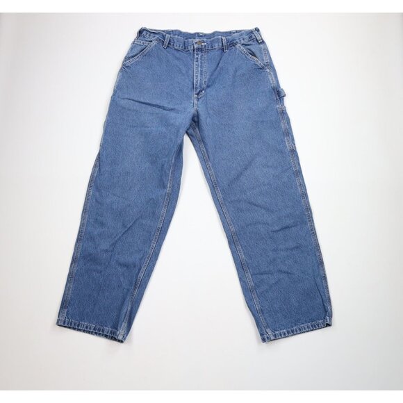 Vintage Carhartt Mens 38x30 Faded Spell Out Wide Leg Dungaree Denim Jeans Blue